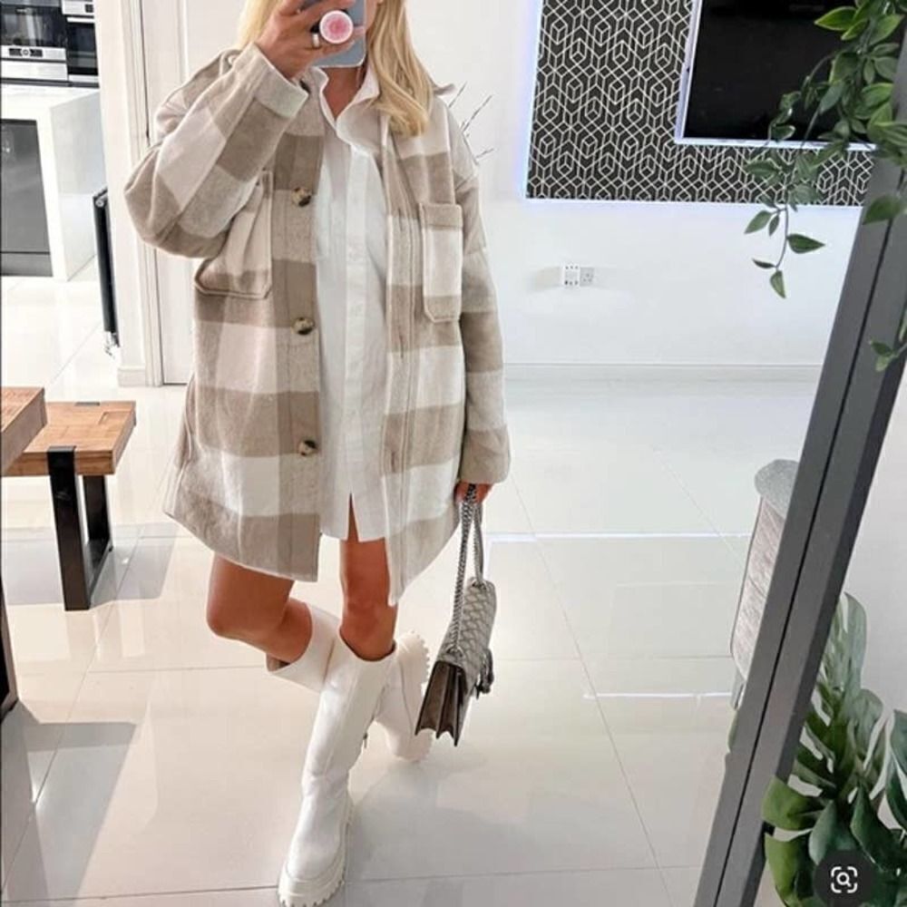 Oversized Shirt Plaid Jacket Shacket Neutrals New - Picture 8 of 16